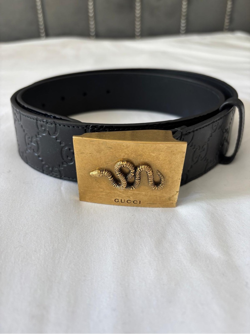 Gucci Black Embossed Leather Belt with Gold Snake Buckle
